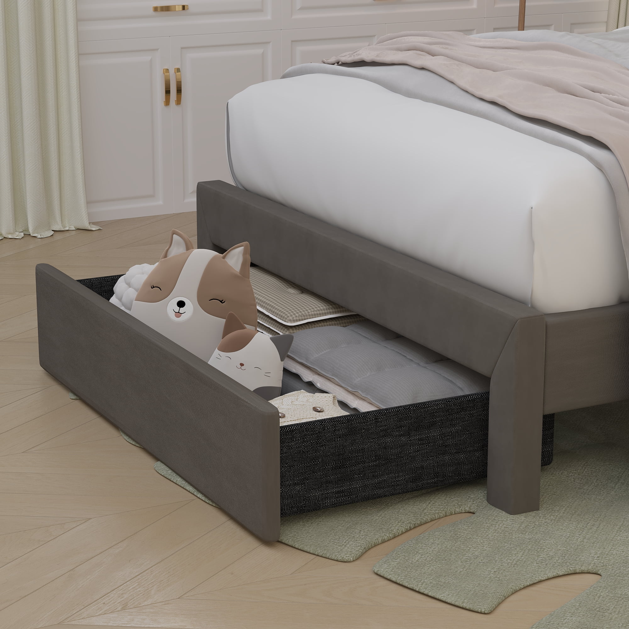 Fastroby Twin Upholstered Bed Frame with LED Headboard & Storage Drawer, No Box Spring Required