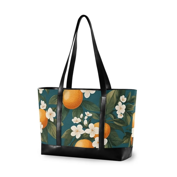 FORMRS Canvas Laptop Tote Bag for Women with 15.6" Computer Compartments Shoulder Handbag, Green Floral Orange