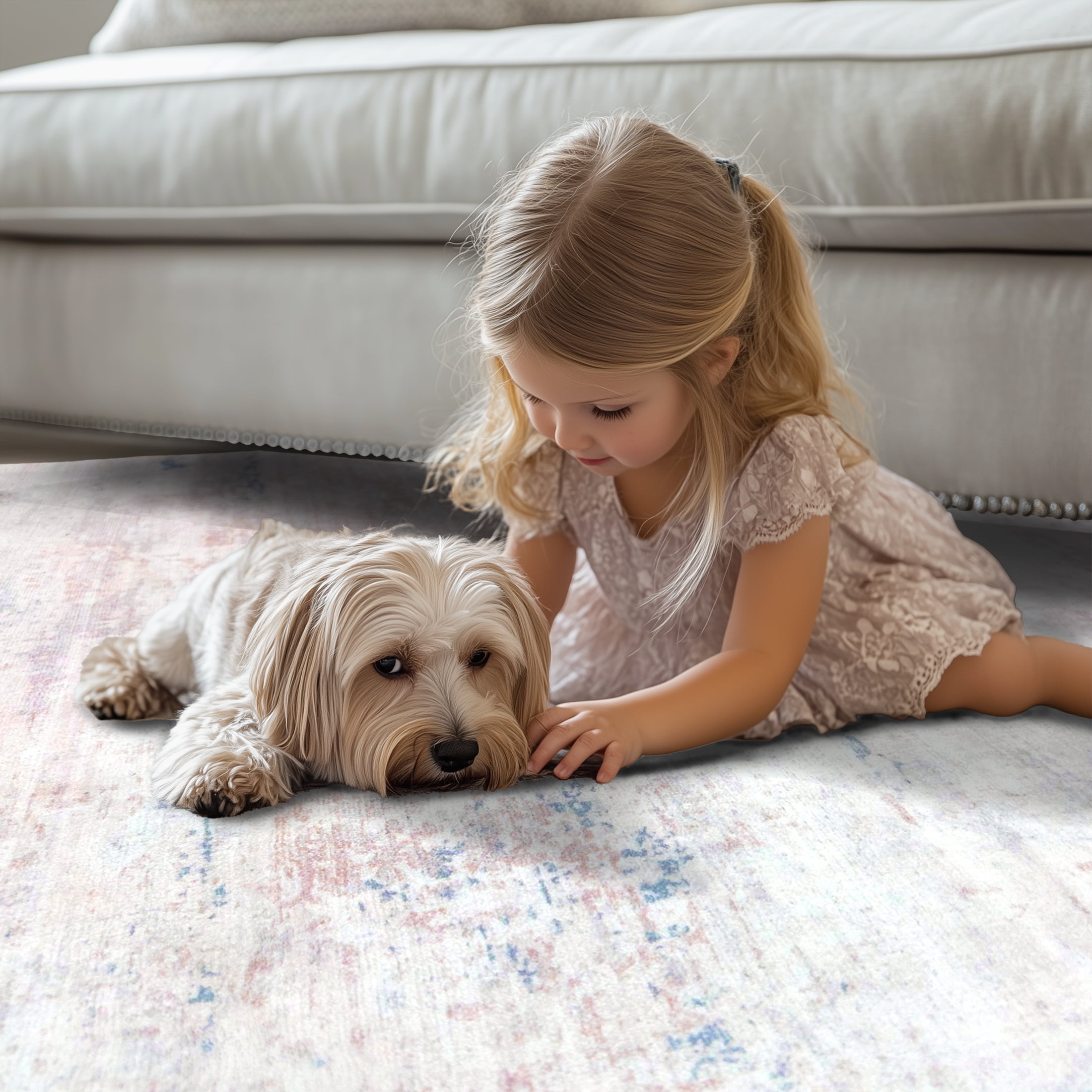 ARJINCUTE Distressed Abstract Beige Blue Area Rugs, 9'x12', Low Pile Machine Washable Non-Slip