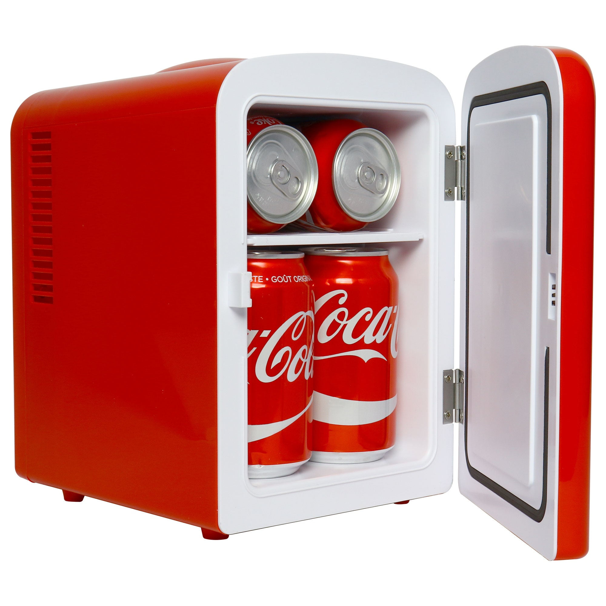 Coca-Cola Classic 4L Mini Fridge, Portable Cooler for 6 Cans, Includes 12V DC & 110V AC Cords, Red Bottle Design, for Home, Office, Dorm, Travel