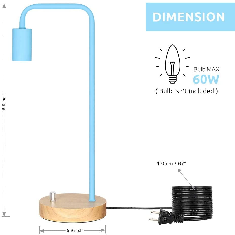 Blue Industrial Table Lamp, Wooden Base with Metal Frame and Rotary Switch