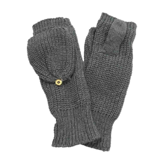 Womens Chunky Gray Knit Fingerless Flip Top Convertible Gloves Mittens Grey