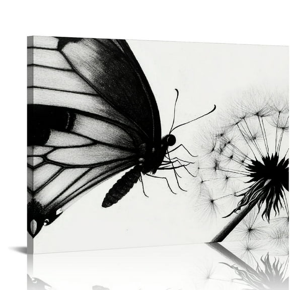 FCXZI Black and White Flower Plant Butterfly Wall Art, Rustic Wall Art for Bedroom Farmhouse Decor, Dandelion Butterfly Canvas Prints 16x12in
