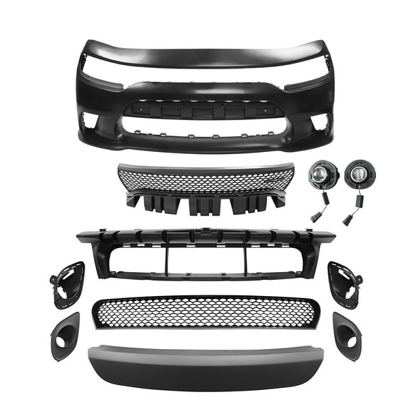 Ikon Motorsports Front Bumper Conversion Cover Compatible With 2015-2023 Dodge Charger, Unpainted 15 SRT Hellcat PP Fascia Support W/ Lower & Upper Grille   Fascia Applique   Fog Light Lamp W/ Cover