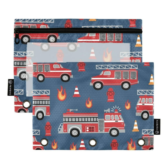 ALAZA 2 Pack Pencil Pouch Fire Trucks Pencil Case for 3 Ring Binder Clear Window Pencil Bag Organizers