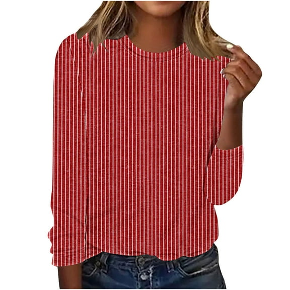 aidice Long Sleeve Shirts for Women Casual Crewneck Fitting Comfy Tops Striped Fashion Tee Shirts