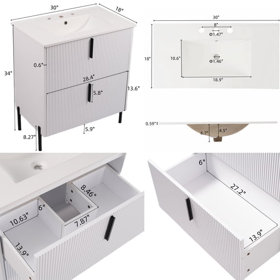 Modern Bathroom Vanity 30" Bathroom Vanity with Ceramic Sink and Full-Extension Drawers, Soft Close Undermount Drawer Slides, Fluted Design, White,Wooden Bathroom Vanity