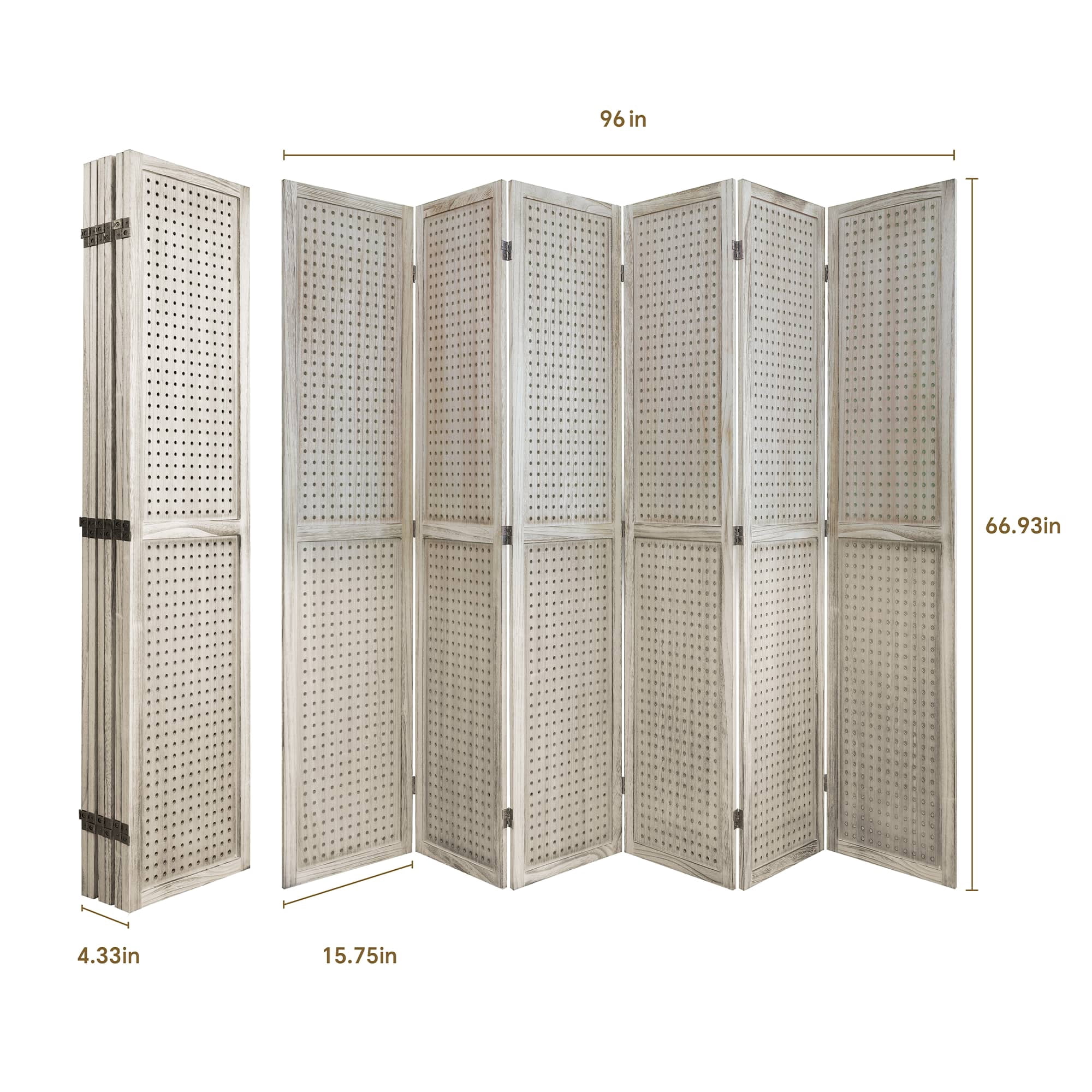 MAYEERTY 6 Wooden Room Divider, 5.6Ft Wooden Freestanding Privacy Screen with Shelves, Natural Wood