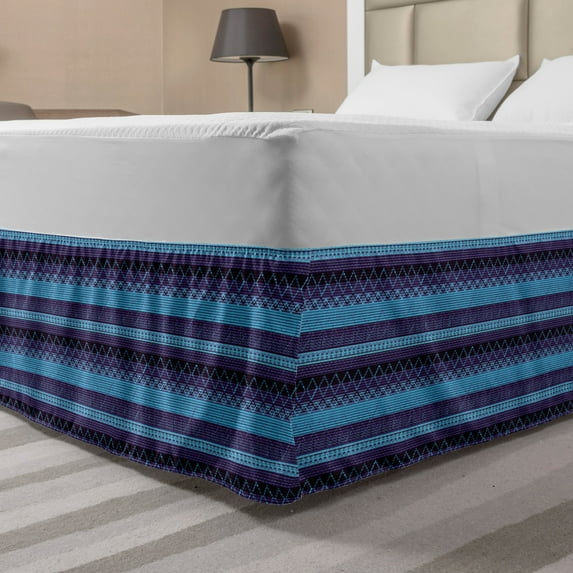 Aztec Bed Skirt, Composition of Zigzags Diamond Shapes and Stripes, Elastic Bedskirt Dust Ruffle Wrap Around for Bedding Decor, 4 Sizes, Sky Blue Quartz, by Ambesonne