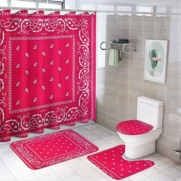 Bandana Pattern Shower Curtain Bathroom Sets Toilet Lid Rug, Bath Mat And Contour Mat, Shower Curtain 4Pcs