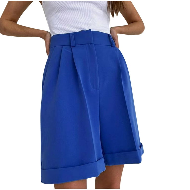 Clearance RYRJJ Women Business Casual Button Dress Shorts High Waist Wide  Leg Pleated Shorts Summer Solid Bermuda Shorts with Pockets(Blue,XL) 