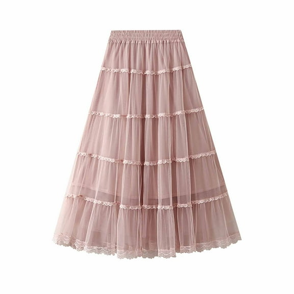 ShomPort Tulle Midi Skirt for Women High Waist Pleated Flowy Lace Trim A-Line Skirt Double Mesh Lace Trim Skirts