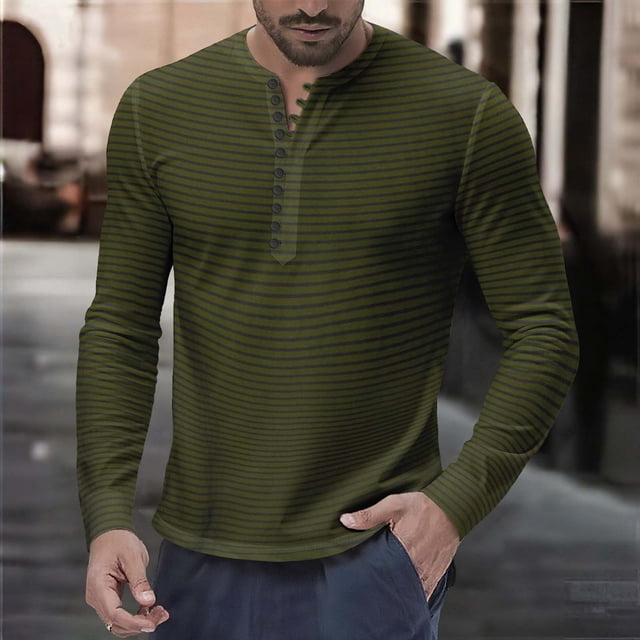 Blusa y camisa de manga larga con cuello vuelto para hombre, informal, a la moda, con estampado de rayas y botones, de poliéster.