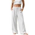 thumbnail image 1 of Plus Size Pants, Linen Drawstring Pants with Pockets, Solid Loose Casual Joggers, Breathable Summer Wide Leg Trousers, 1 of 9
