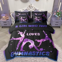 Homewish Gymnastics Lovers 7 Pieces Bedding Comforter Set,Chic Gliitter Print Full Bedding Set,Blue Purple Black Fitted Sheet Flat Sheet For Kids,Luxury Bedroom Decor Reversible