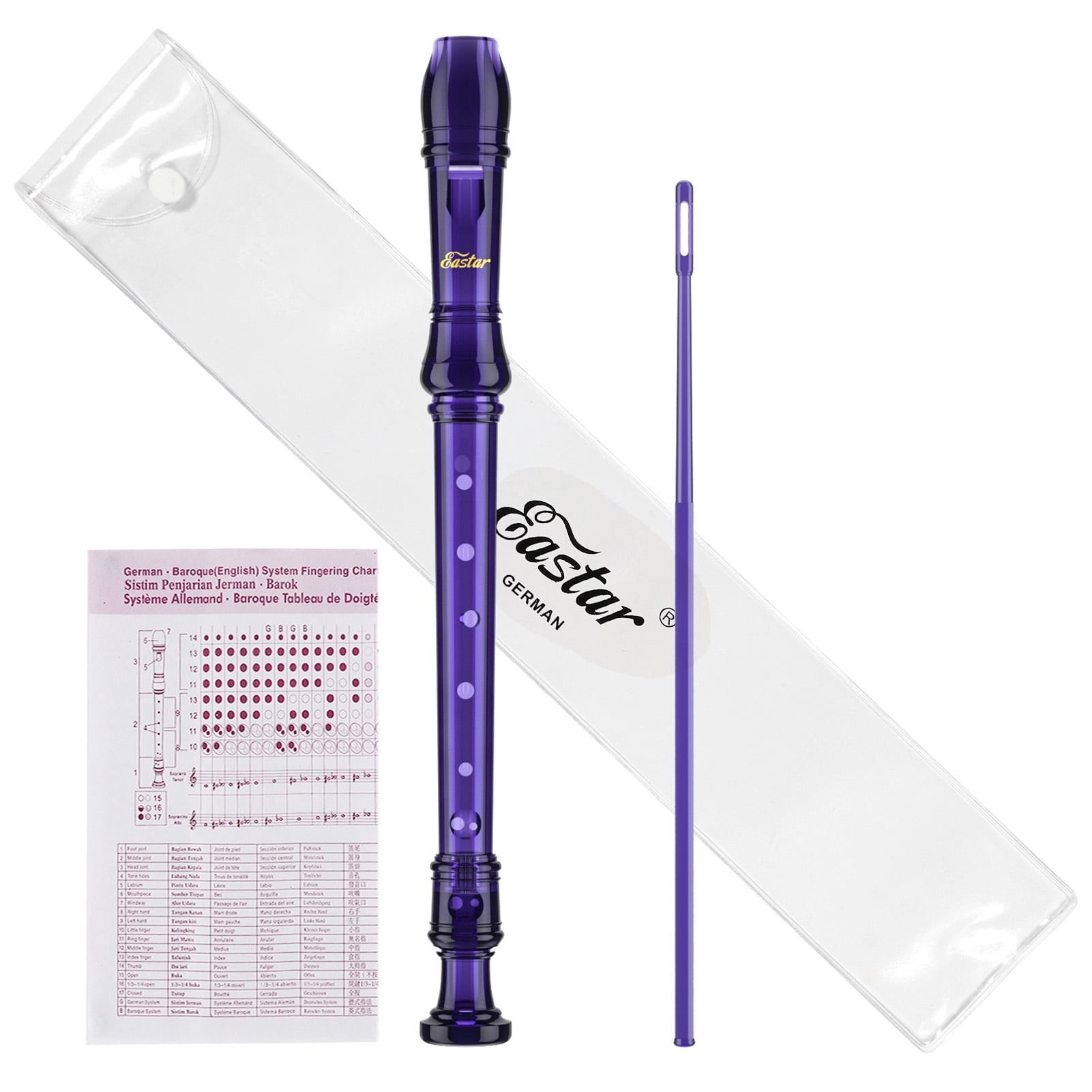 Eastar ERS-1GG German Fingering Soprano Recorder, Key of C 3-Piece 8-Hole Transparent Resin Recorder for Kids Beginners & Students, School Music Class, with Fingering Chart & Cleaning Rod (Purple)