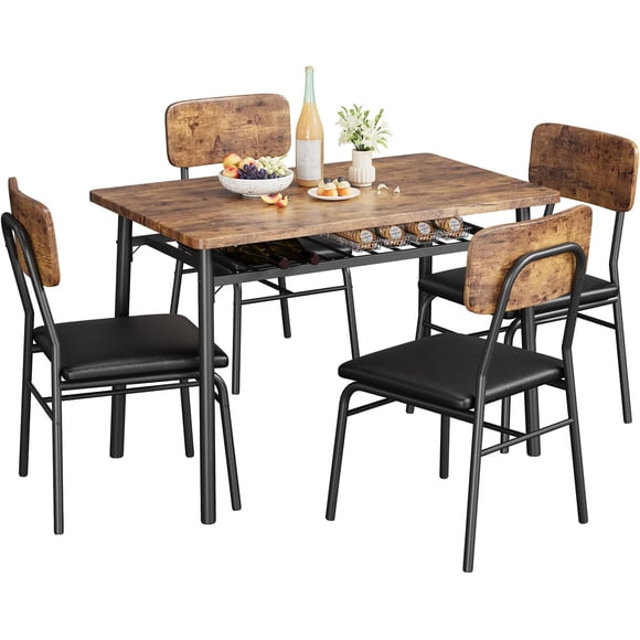 Dining mesa set para 4 con built-in almacenamiento rack - waterproof y scratch-resistant wood kitchen mesa con forrado sillas y metal frame para small spaces (retro color)