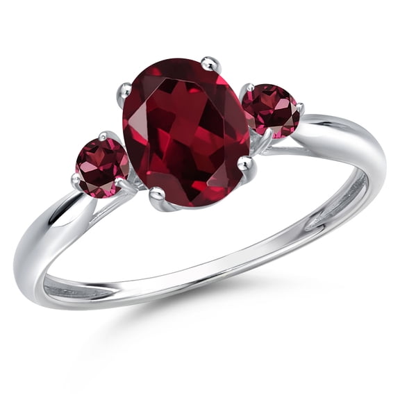 Gem Stone King 10K White Gold Red Rhodolite Garnet 3-Stone Ring for Women | 1.59 Cttw | Oval 8X6MM | Gemstone January Birthstone | Size 8