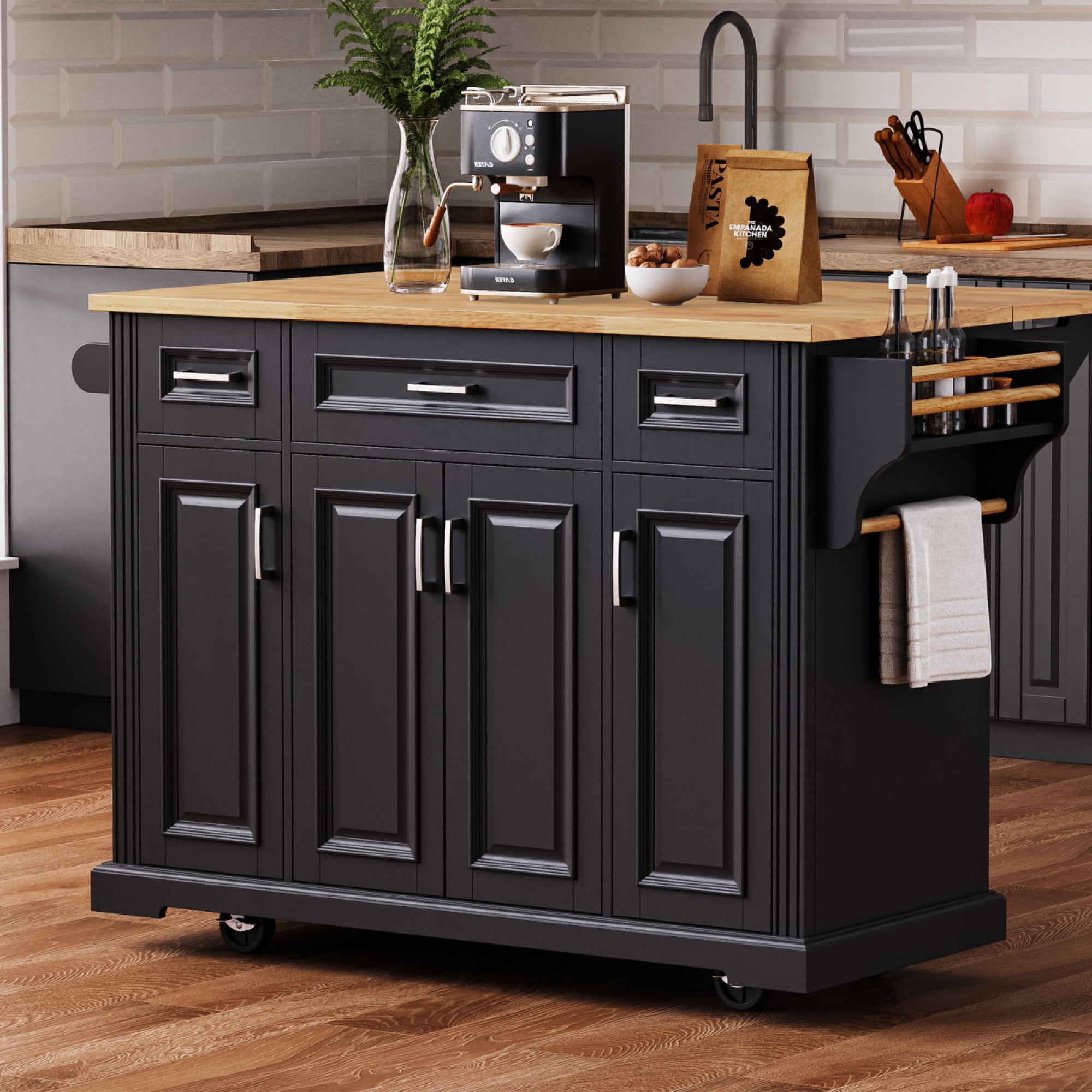 54 Inch Rolling Kitchen Island Cart - Rubber Wood Drop Leaf, Embossed Texture, 4 Doors 3 Drawers Storage for Kitchen Dining,Black