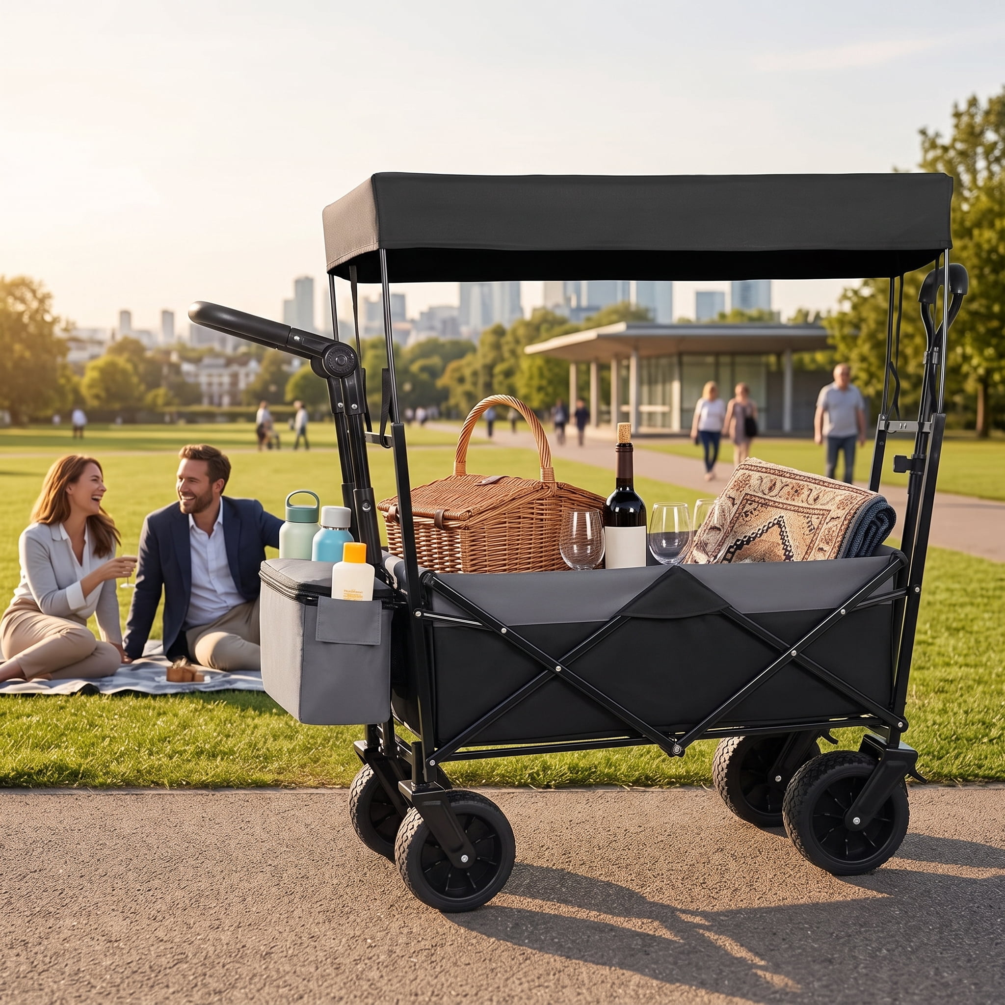 Collapsible Wagon with Push Handle & Canopy, Black, 480LBS Heavy-Duty Folding Cart, 7"×4" All-Terrain Wheels, Large Capacity for Camping, Shopping, Garden