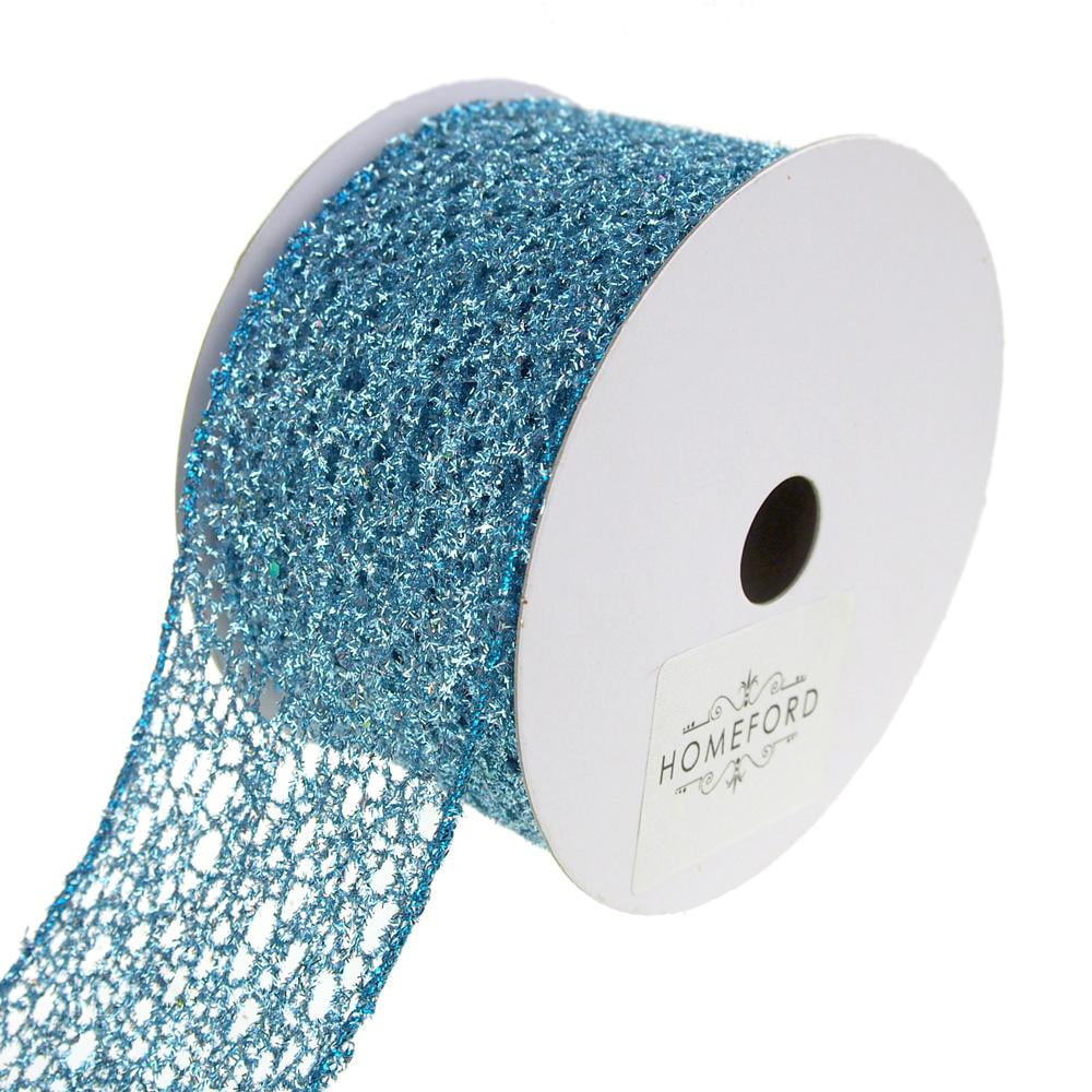 Open Weave Metallic Glitter Tinsel Mesh Christmas Ribbon, Ice Blue, 21