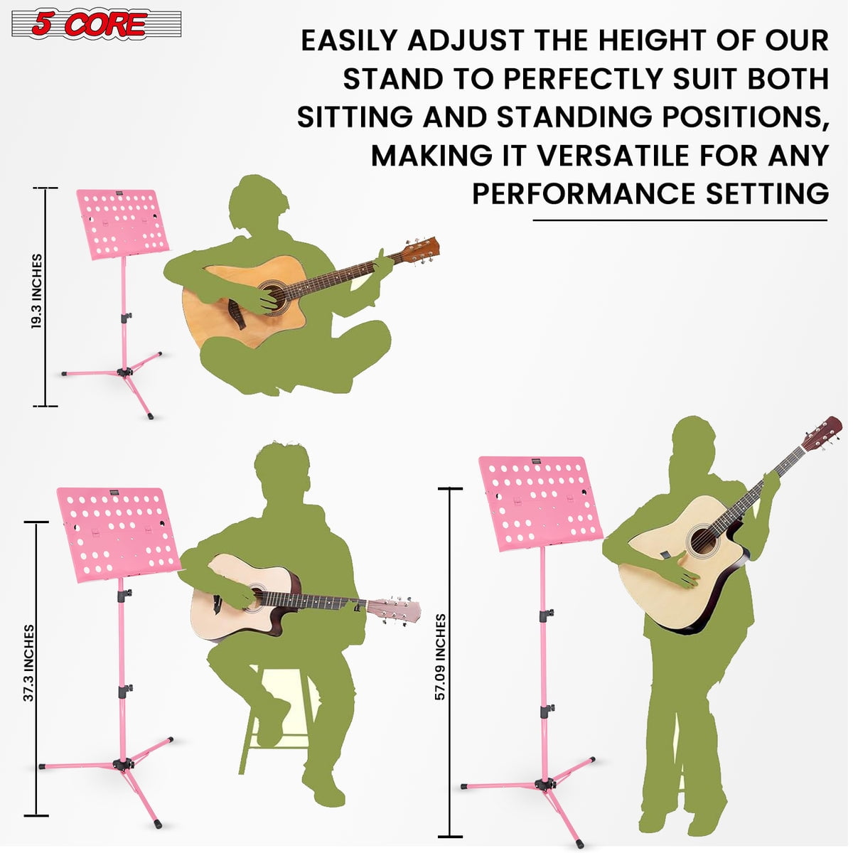 5Core Music Stand For Sheet Music Portable Tripod Adjustable Folding Note Holder PINK