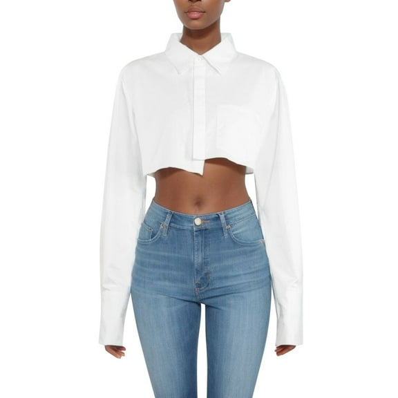 GJSYRH Women's Asymmetrical Hem Long Sleeve Cropped Button Up Shirt Crop Top Blouse Streetwear