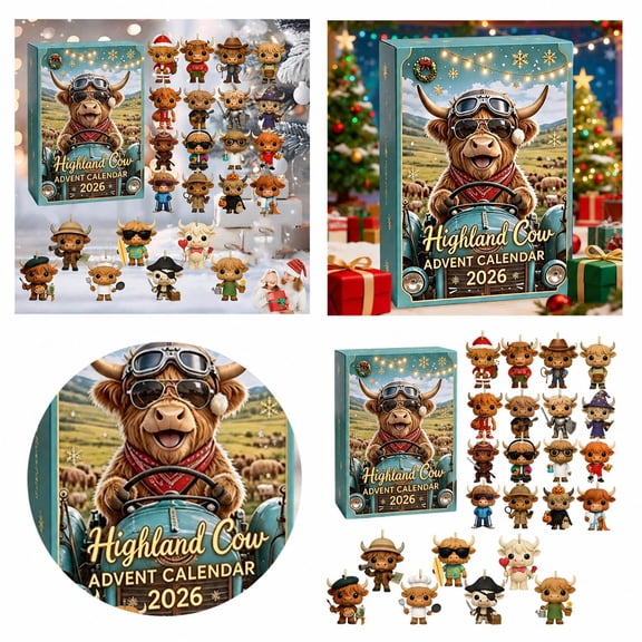 Highland Cow Advent Calendar, 24‑Day Holiday Countdown Calendar With 24 3D Assorted Mini Figurines For Holiday Home Decor & Gift