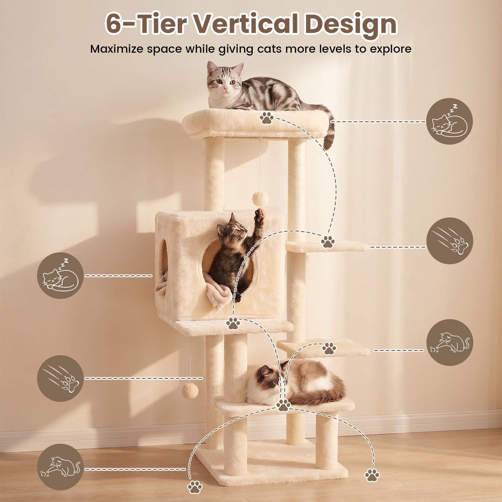 Sturdy 40-inch Cat Tree Tower with Cat Cave & Ramp Steps - Multi-Level Play & Sleep Center for Large Indoor Cats, Beige