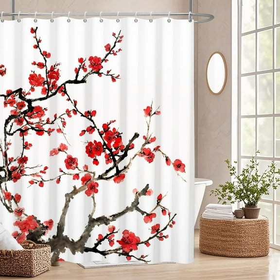 Red Plum Blossom Shower Curtain Vintage Flower Fabric Bath Curtains Nature Bathroom Decor with Hooks 72Wx72L Inch