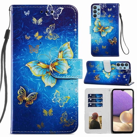 Dteck Galaxy A32 5G Case 3D PU Leather Wallet Flip Protective Phone Case with Wrist Strap Card Slots Holder Pocket Cover for Samsung Galaxy A32 5G 6.5 (2021) #17 Gold Butterfly