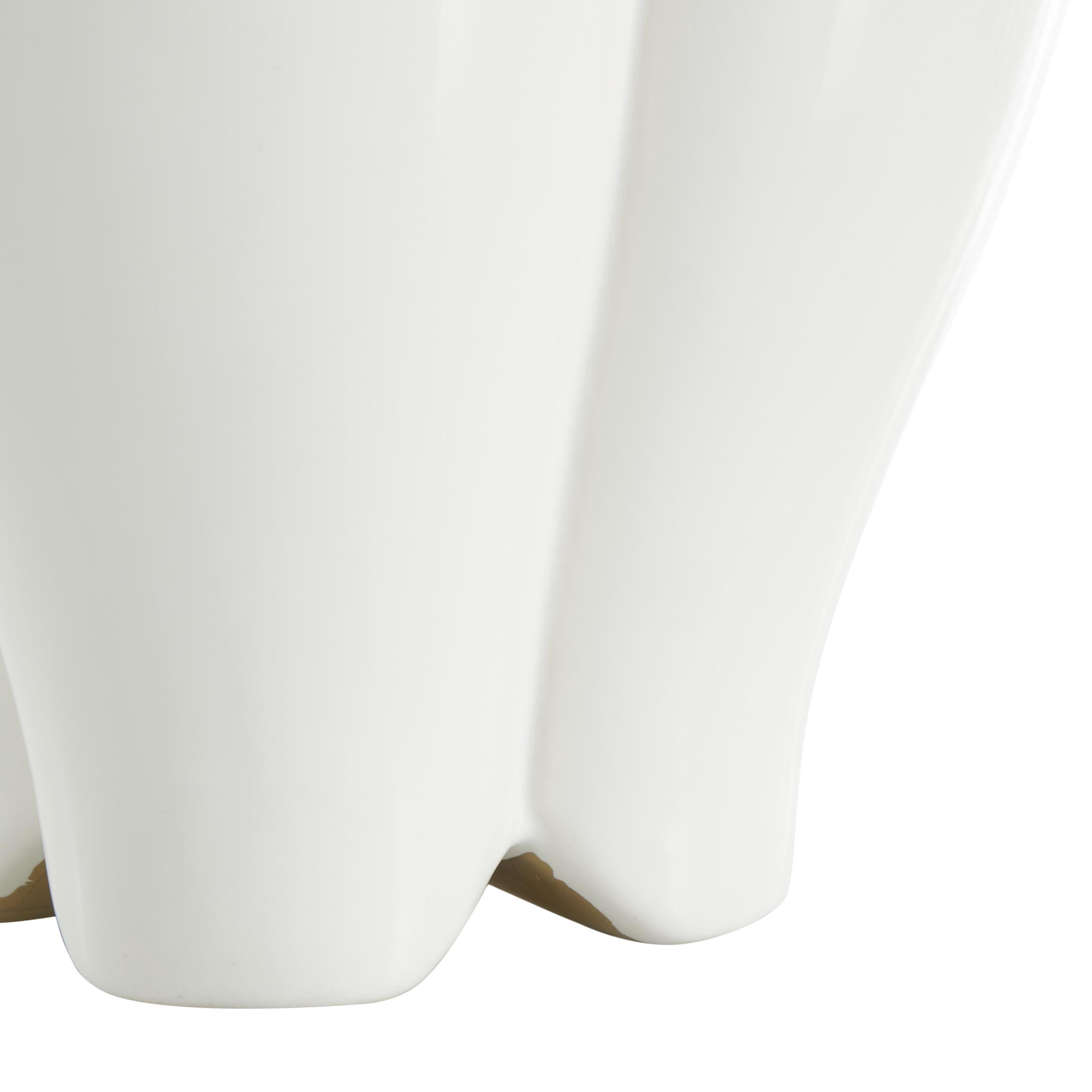 DecMode 16" Floral Dimensional Shaped White Ceramic Vase with Metallic Gold Rim