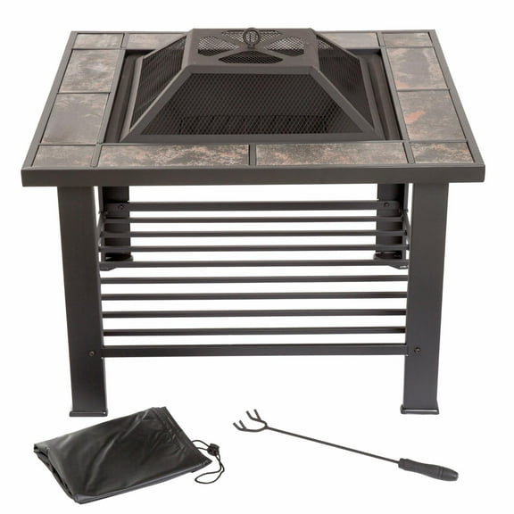 Pure Garden 30-Inch Outdoor Fire Pit with Screen, Cover, and Poker (Black)