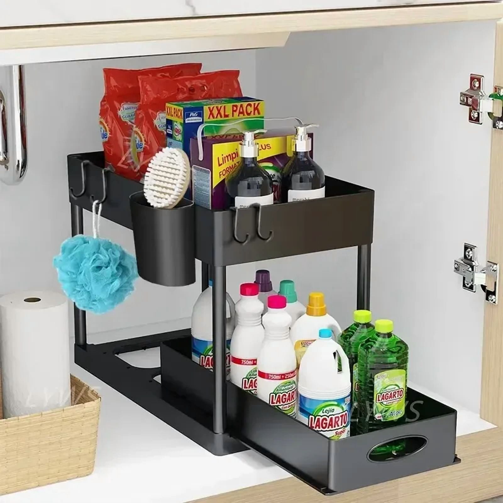 2 Tier Under Sink Organizer Sliding Cabinet Basket with Hooks Hanging Cup - New Bathroom Kitchen Space-Saving Rack