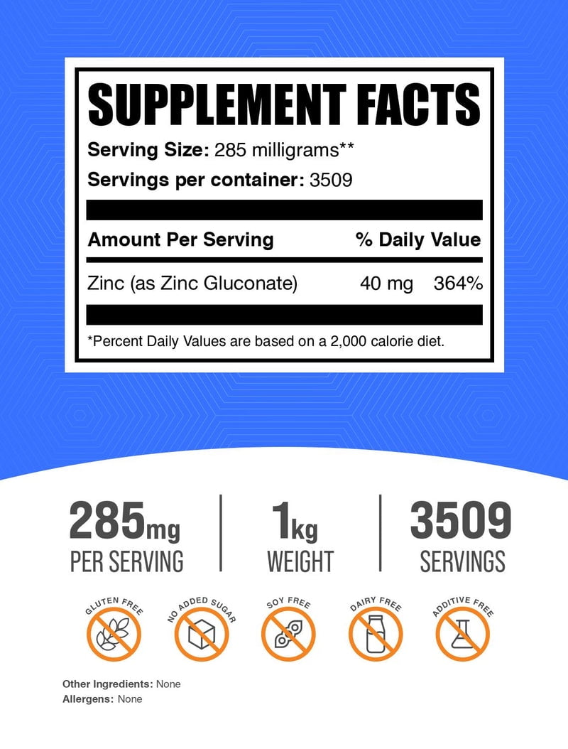 BulkSupplements Zinc Gluconate Powder - Gluten Free, 285mg per Serving - 1 Kilogram (2.2 lbs) - 3509 Servings