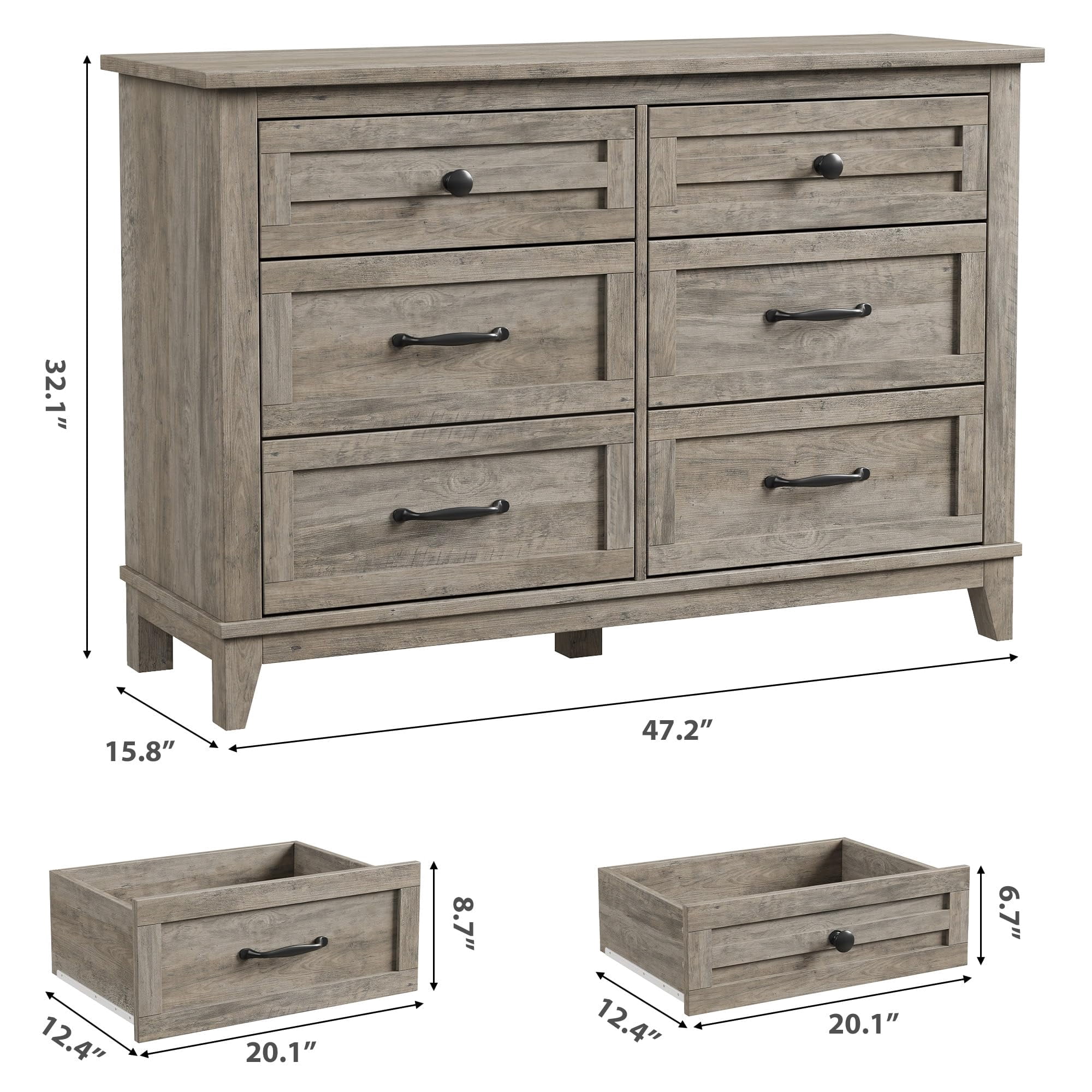 Towallmark 47" Wide Dressers for Bedroom 6 Drawers Wooden Dresser Storage Chest of Drawers for Living Room,Entryway,Gray