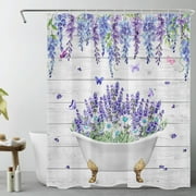 Butterfly and Floral Shower Curtain for Bathroom,White Daisy and Purple Lavender Eucalyptus Leaf Green Plant Fabric Shower Curtain with Hooks,Farmhouse Retro Bathroom Curtain Shower Set, 60x72 inches