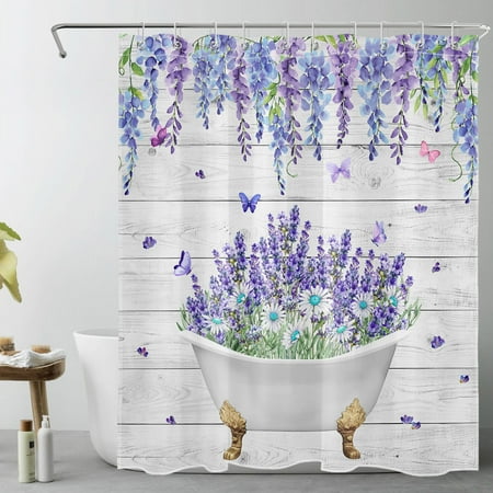 Butterfly and Floral Shower Curtain for Bathroom,White Daisy and Purple Lavender Eucalyptus Leaf Green Plant Fabric Shower Curtain with Hooks,Farmhouse Retro Bathroom Curtain Shower Set, 60x72 inches