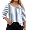 thumbnail image 5 of VEKDONE Womens Stripe Plus Size Tops 3/4 Length Sleeve Loose Fit Blouse Asymmetrical Neck Button Tunic Tops Summer Fashion Clothes Light Blue XXL, 5 of 7