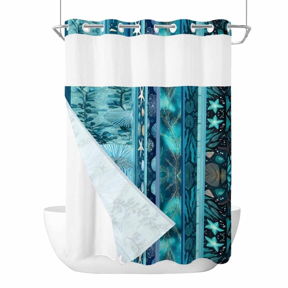 Teal Blue Starfish Coastal No Hook Shower Curtain with Snap in Liner, Waterproof Fabric Shower Curtains, Nautical Coral Shell Ocean Summer Shower Curtain Set Top See Through for Bathroom 60"x72"