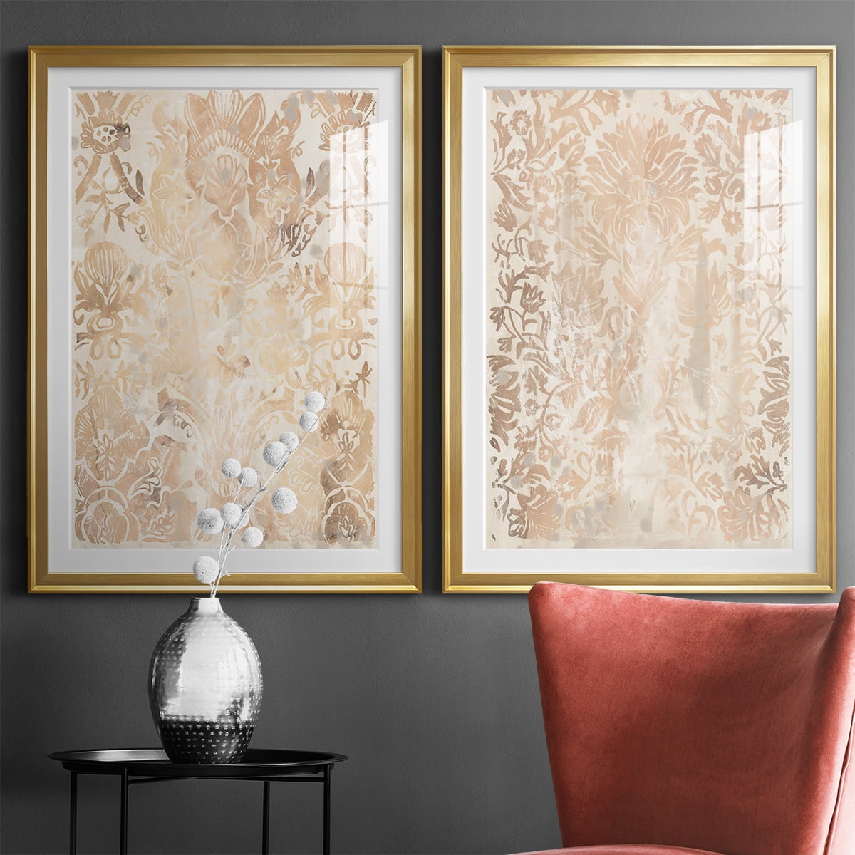 Wexford Home Walnut Damask III Premium Framed Print, 30.5" x 42.5" - Ready to Hang, Gold (Set of 2)
