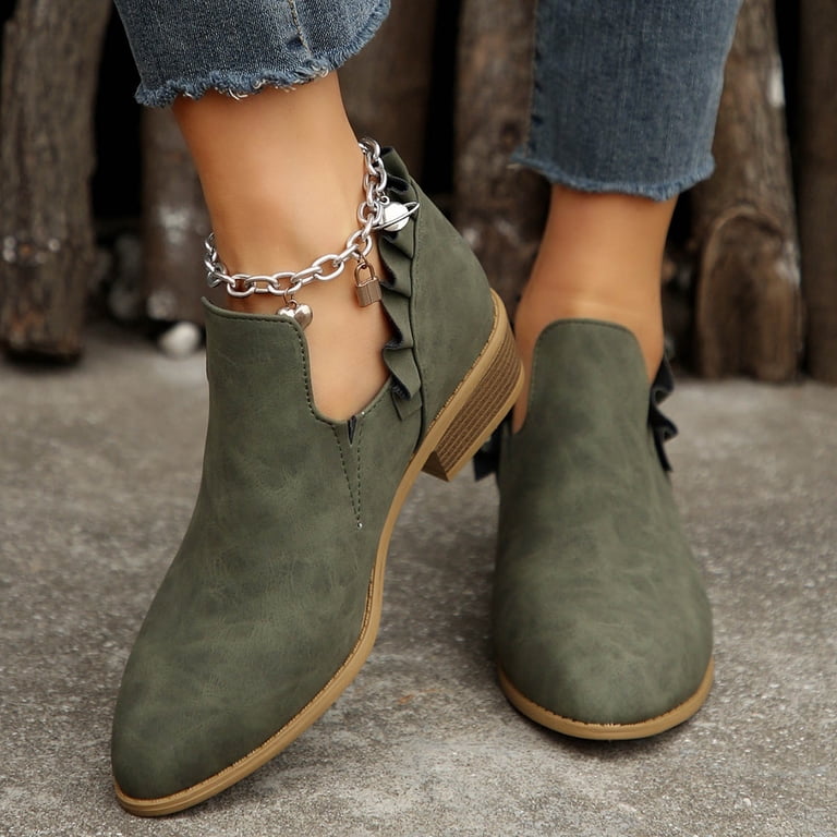 Caqnni Women's Low-heeled Ankle Boots-Winter Zipper Wedge Dress Shoes for  Women Brown Boots for Girls Warm Christmas Retro Womens Boots (9,Green)