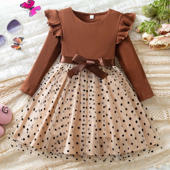 Conairie Princess Dress for Girls Polka Dots Toddler Tutu Dresses Velvet Tulle Dress Long Sleeve Holiday Party Lace Casual Dresses with Ribbon Khaki