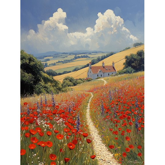 Poppy Field and Farmhouse Canvas Print/Wall Art, Suitable for Living Room,Hallway, and Dining Room Decoration.