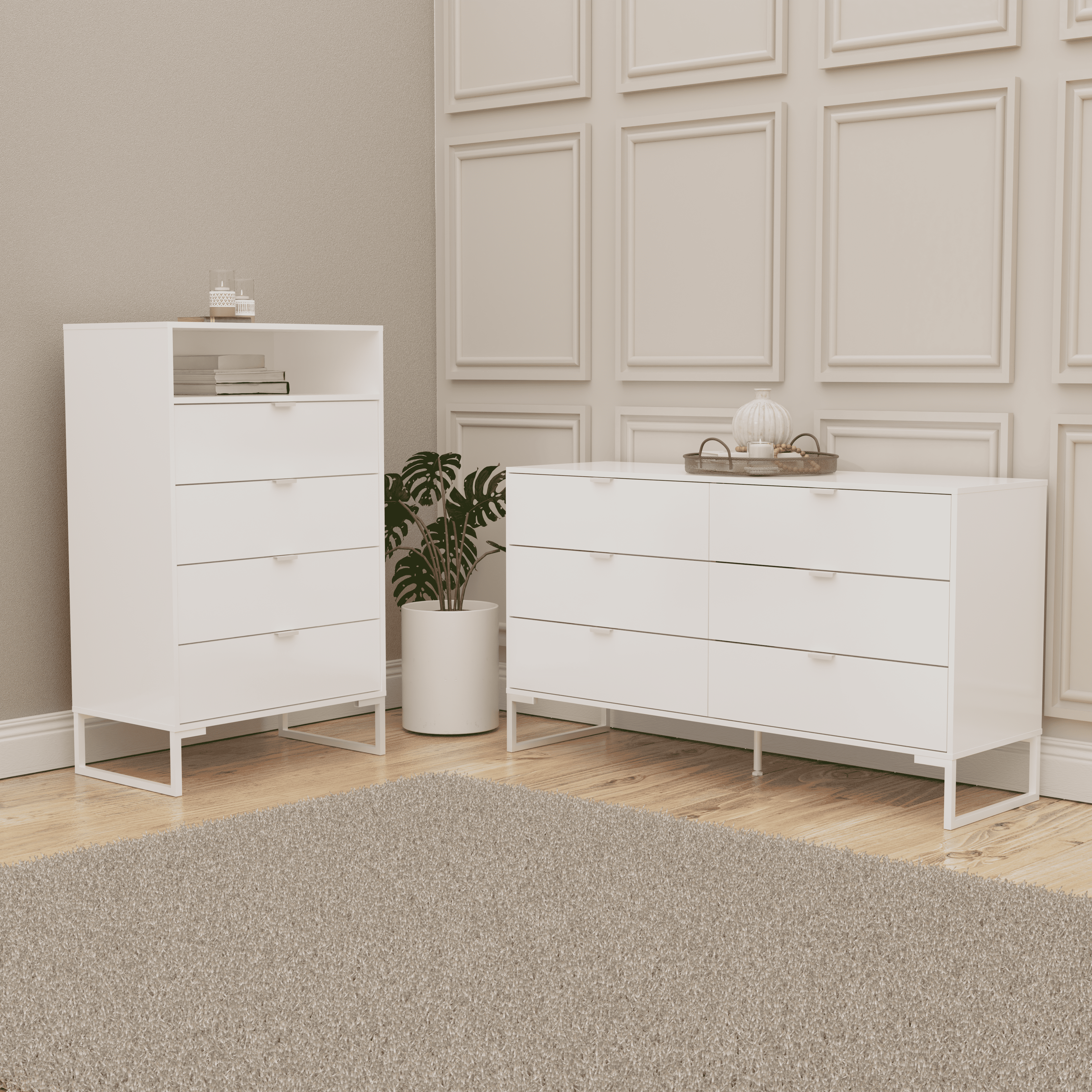 Kappesberg Amelia 2-Piece White Dresser Set with Vertical 4-Drawer and Wide 6-Drawer Storage - for Adults and Teens