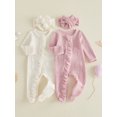 thumbnail image 3 of RUINIXCW Newborn Baby Girl Spring Fall Winter Clothes Outfit Knitted Footed Romper Long Sleeve Crew Neck Frills Zipped Footie Jumpsuit and Headband, 3 of 9