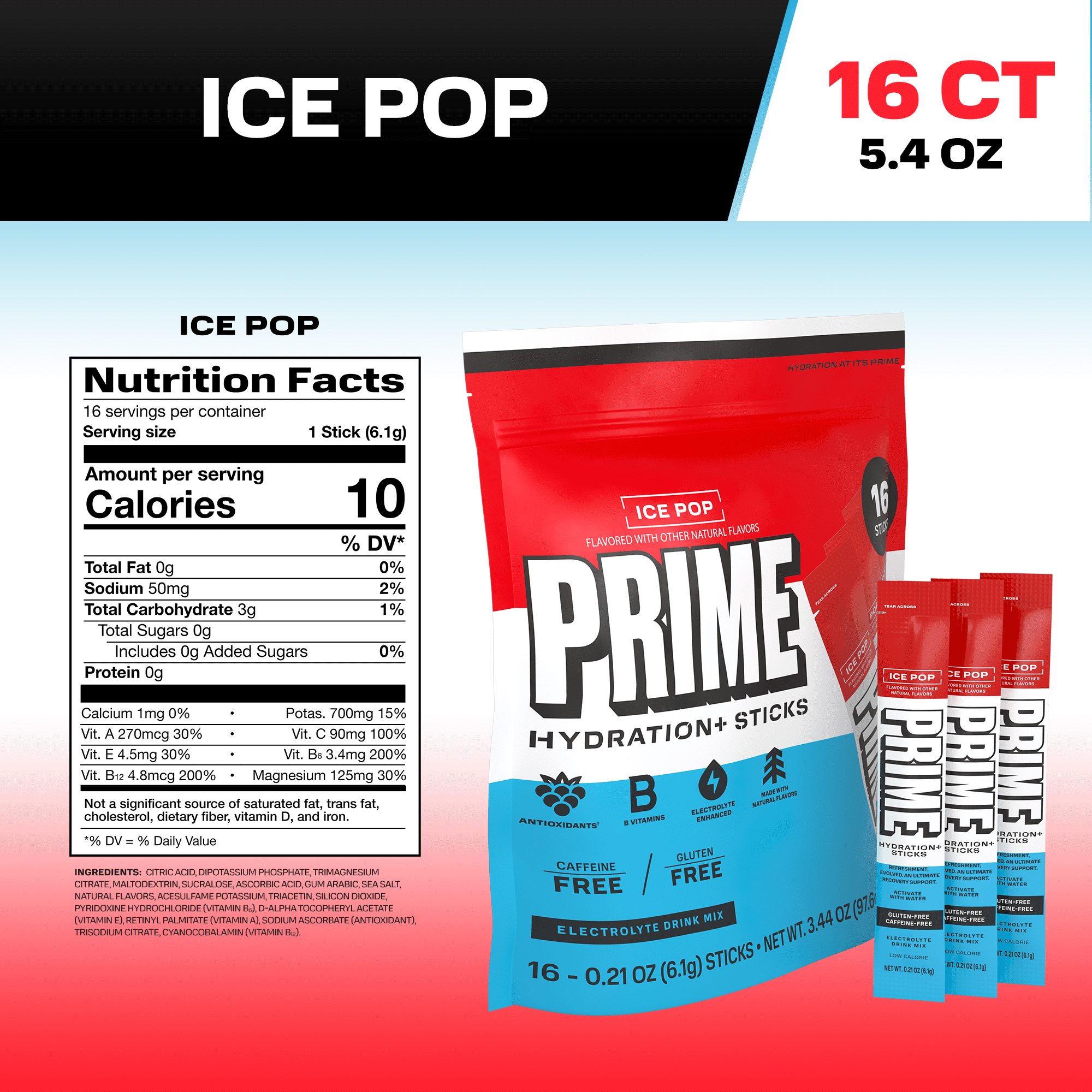 PRIME Hydration+ Ice Pop Electrolyte Powder Sticks, Sugar Free, 16 Count