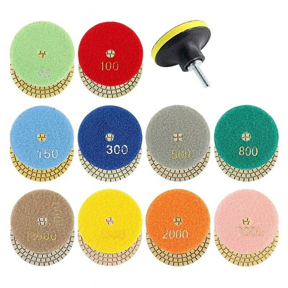 11Pcs 3inch Wet Diamond Polishing Pads Set 50 to 3000 Grit Hook and Loop Backing Sanding for Concrete Marble