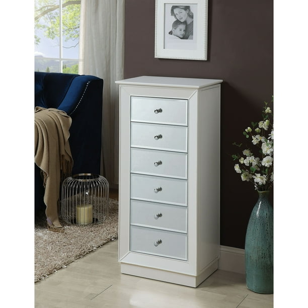 Wood Jewelry Armoire Having 6 Drawers With Mirror Front White Com Wood Jewelry Armoire Having 6 Drawers, Armoire With Mirror Front