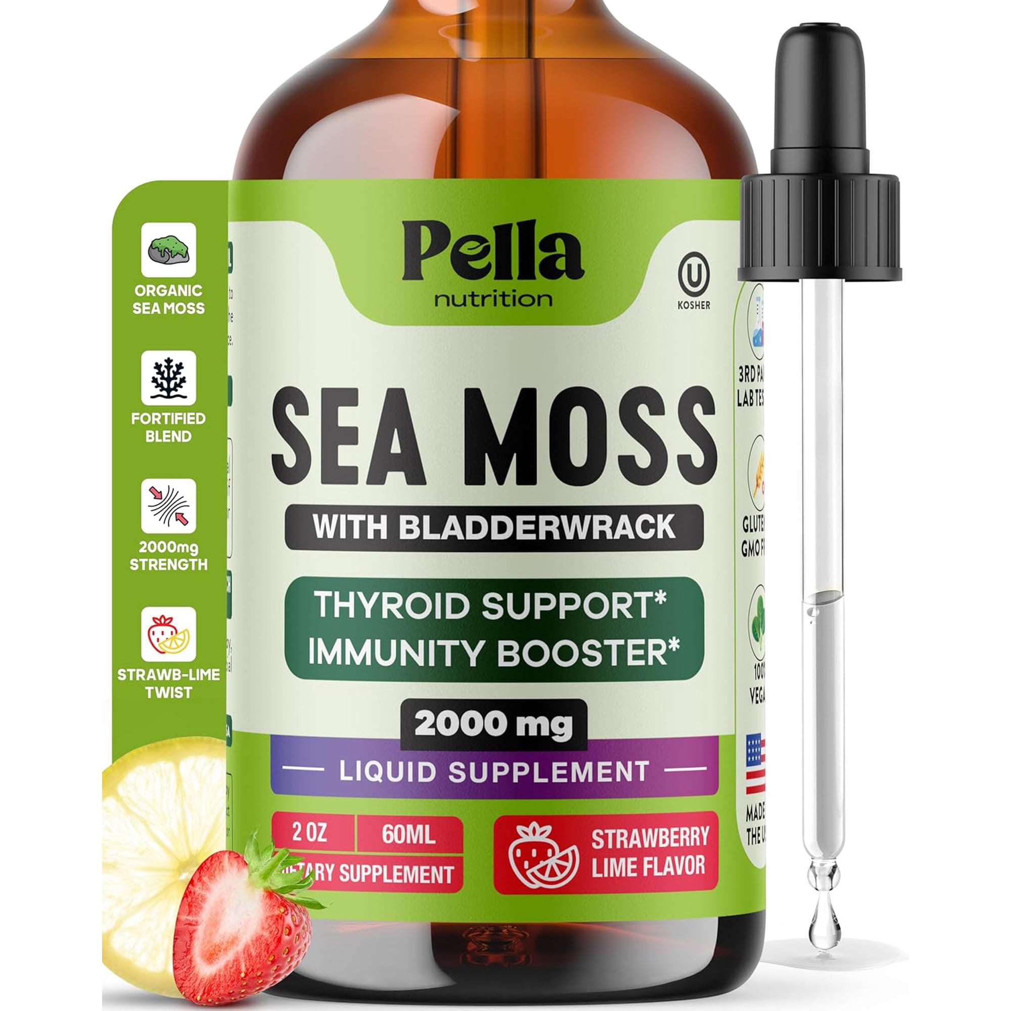 Pella Nutrition Sea Moss Extract Liquid Supplement, Immune Support, Strawberry Lime, 2 fl oz
